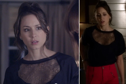 Spencer’s black top with mesh cutout and red jeans on Pretty Little Liars