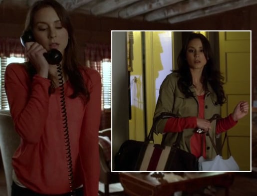 Spencer’s red top, beige coat and brown bag with white and red stripes on Pretty Little Liars