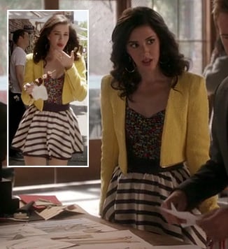 Jane’s striped skirt and yellow jacket on Jane by Design