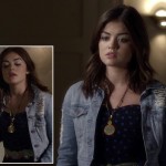 Aria’s polka dot dress and denim jacket on Pretty Little Liars
