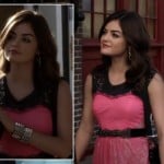 Aria’s pink and black dress with silver spiked bangles on Pretty Little Liars