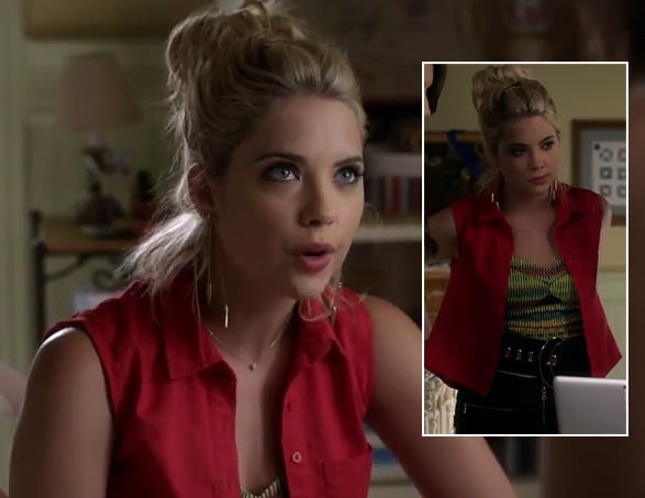 Hanna’s black wide belted skirt and neon top with red open shirt on Pretty Little Liars