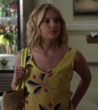 Hanna’s yellow top and straw shoulder bag on Pretty Little Liars