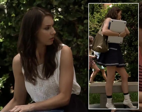 Spencer’s black and white striped skirt, white boots and olive green bag on Pretty Little Liars