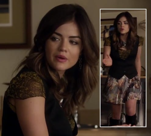 Aria’s yellow paisley top with black vest on Pretty Little Liars
