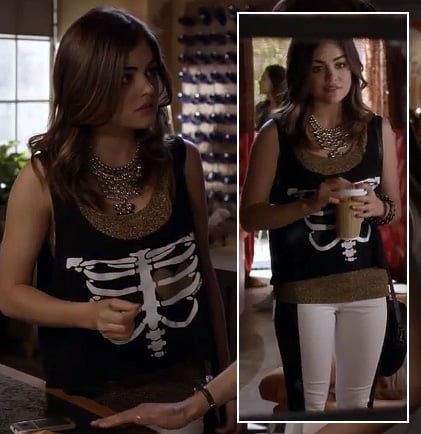 Aria’s skeleton/rib cage shirt with black & white pants on Pretty Little Liars
