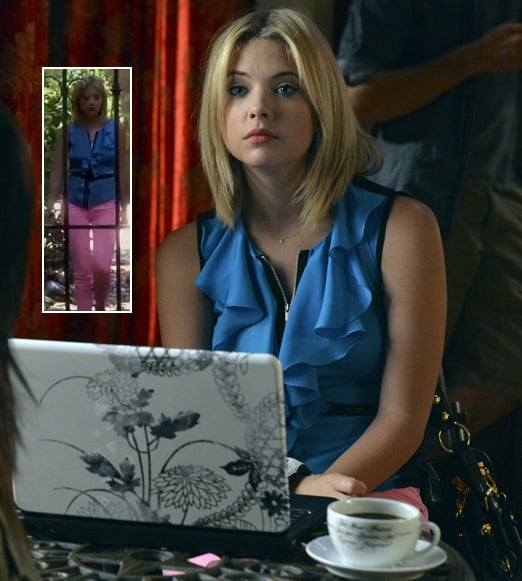 Hanna’s blue zip up top and pastel pink jeans on Pretty Little Liars