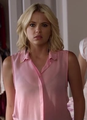 Hanna’s pink shirt with capped collar on Pretty Little Liars