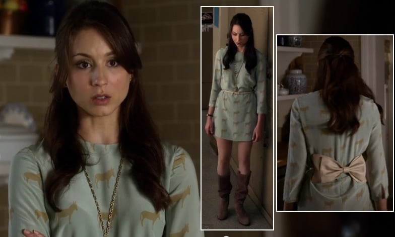 Spencer’s mint green donkey print dress with big bow belt on Pretty Little Liars