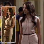 Spencer’s pink striped top with white sleeves on Pretty Little Liars