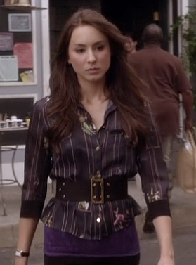Spencer’s navy striped shirt and wide belt on Pretty Little Liars