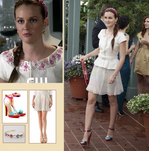 Blair Waldorfs pink and blue heels and jewel headband on Gossip Girl