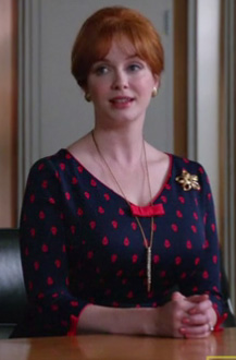 Joan’s blue and red printed dress on Mad Men