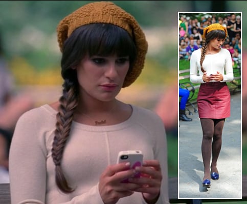 Rachel’s yellow knit beanie, red skirt and brown tights on Glee