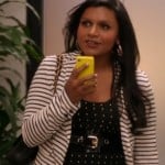 Mindy’s polka dot top, striped cardigan and yellow iphone cover on The Mindy Project