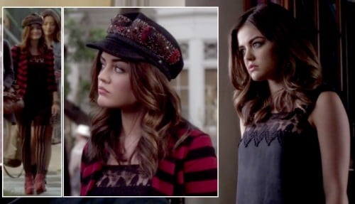 Aria's striped tights and lace dress on Pretty Little Liars