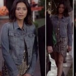 Emily’s aztec print dipped hem dress and denim jacket on Pretty Little Liars