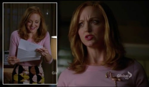 Emma Pillsbury's pink sweater and flamingo brooch on Glee