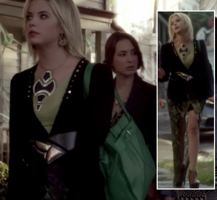 Hanna’s studded blazer, green skirt and bag with statement necklace