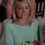 Jane’s mint green top with buttons on the shoulder on Happy Endings