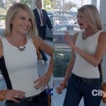Jane’s white top with black strip and tan purse on Happy Endings season 3