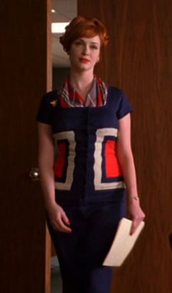 Joanies purple red and white rectangle dress on Mad Men