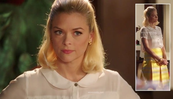 Lemon's white blouse with yellow striped box pleated skirt on Hart of Dixie season 2