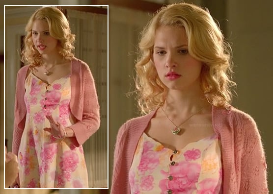 Magnolia’s pink and yellow floral dress with pink cardigan on Hart of Dixie