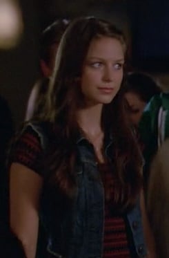 Marley’s red striped dress and denim vest on Glee