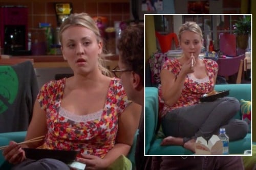 Penny's red flower top with grey pants on The Big Bang Theory