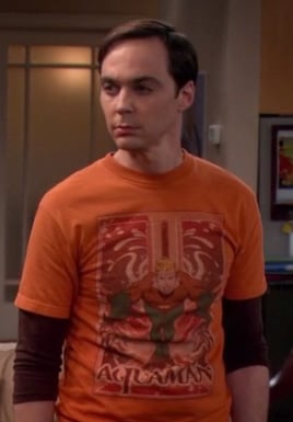 Sheldon's orange Aquaman T-shirt on The Big Bang Theory