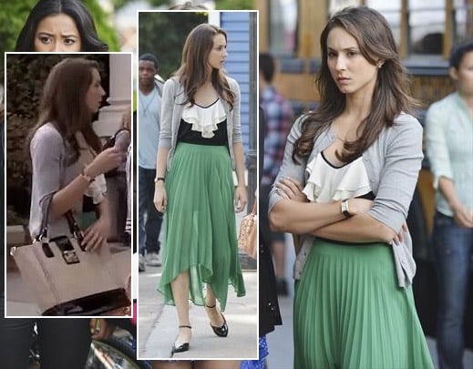 Spencer's green pleated skirt and tote bag on Pretty Little Liars