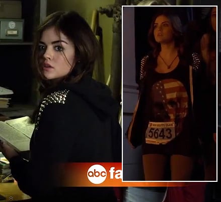 Aria’s black studded hoodie and flag/skull shirt on Pretty Little Liars