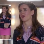 Betsey’s blue striped cardigan and pink mini skirt on The Mindy Project