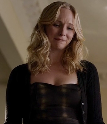 Caroline’s black/yellow printed dress on The Vampire Diaries