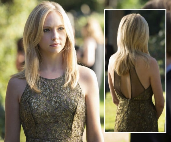 Caroline's gold lace dress on The Vampire Diaries