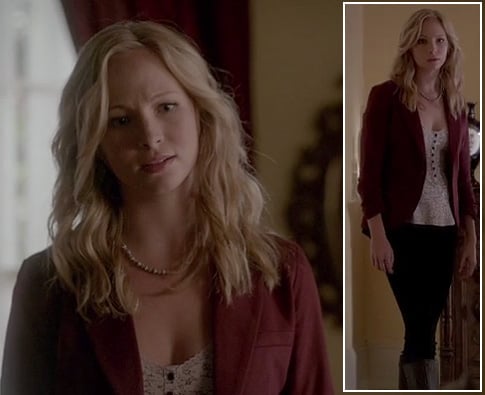 Caroline’s floral henley top and red blazer on The Vampire Diaries