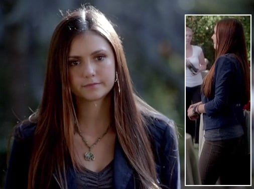 Nina Dobrev's navy blue blazer and necklace on Vampire Diaries