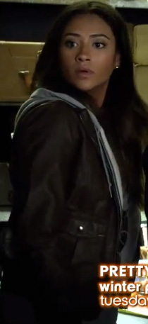 Emily's brown leather hoodie jacket on PLL season 3