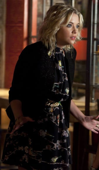 Ashley Bensons black halterneck bird dress on PLL