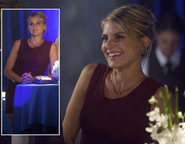 Eliza Coupe's burgundy red dress on Happy Endings