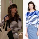 Jess’s white and blue striped longsleeved shirt on New Girl