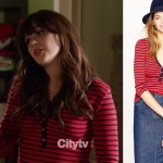 Jess’s red longsleeved shirt with navy stripes on New Girl