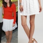 Jess’s white eyelet skirt and red button-back sweater on New Girl
