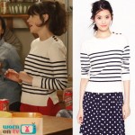 Jess’s white pullover with navy stripes on New Girl