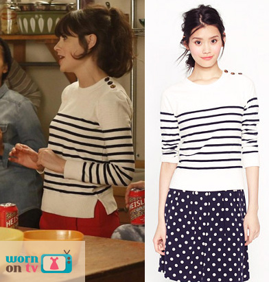Jess’s white pullover with navy stripes on New Girl