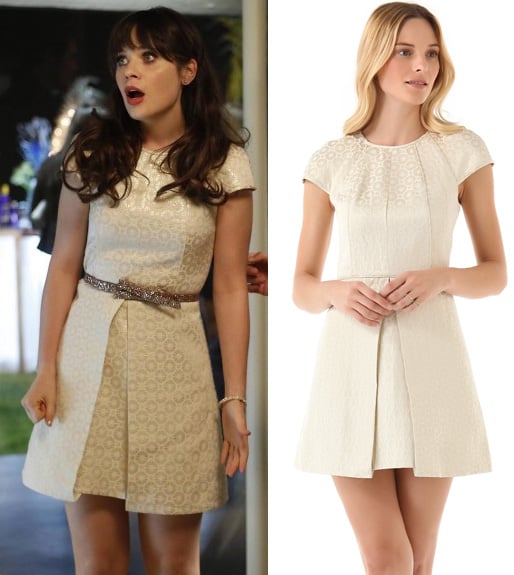 Jess's white dress and glittery bow belt on New Girl