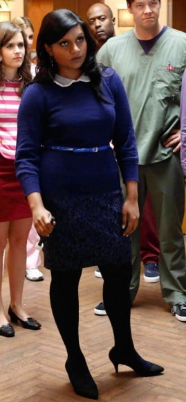 Mindy Kaling's blue sweater and skirt outfit on The Mindy Project