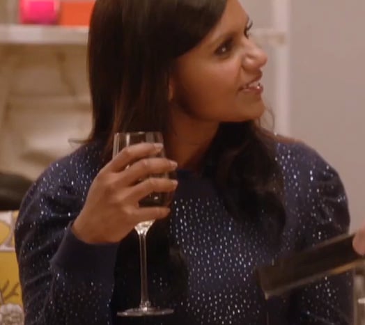 Mindy Kaling's blue glitter sweater on Thanksgiving ep of The Mindy Project