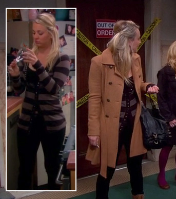 Penny’s grey and black striped cardigan and beige coat on The Big Bang Theory